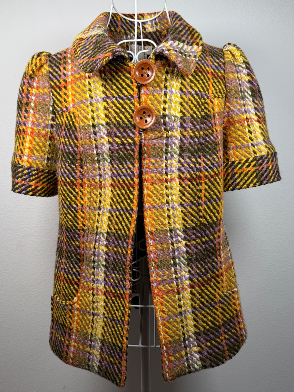 Vintage Yellow Brown Plaid Short-Sleeve Wool Blend Coat Puff Sleeve Lined Small